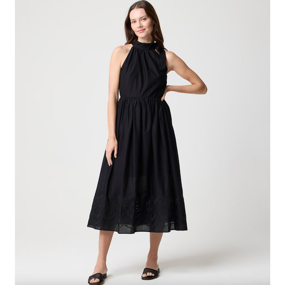 J.Crew Petite Tie Neck Midi Dress Eyelet Trim Cotton A Line Black US 12P NWT